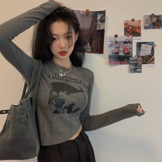 Woman 2024 Popular Clothes Punk Y2K Vintage Top T-Shirts Women Pulovers Long Sleeve Crop Girls Tees