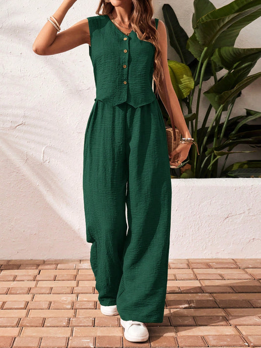 Frenchy Women'S Solid Color Front Button Sleeveless Blouse and Long Pants Casual Suit Set Fall Women Outfits Women Outfit Sets Winter Women Sets