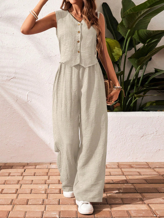 Frenchy Women'S Solid Color Front Button Sleeveless Blouse and Long Pants Casual Suit Set Fall Women Outfits Women Outfit Sets Winter Women Sets
